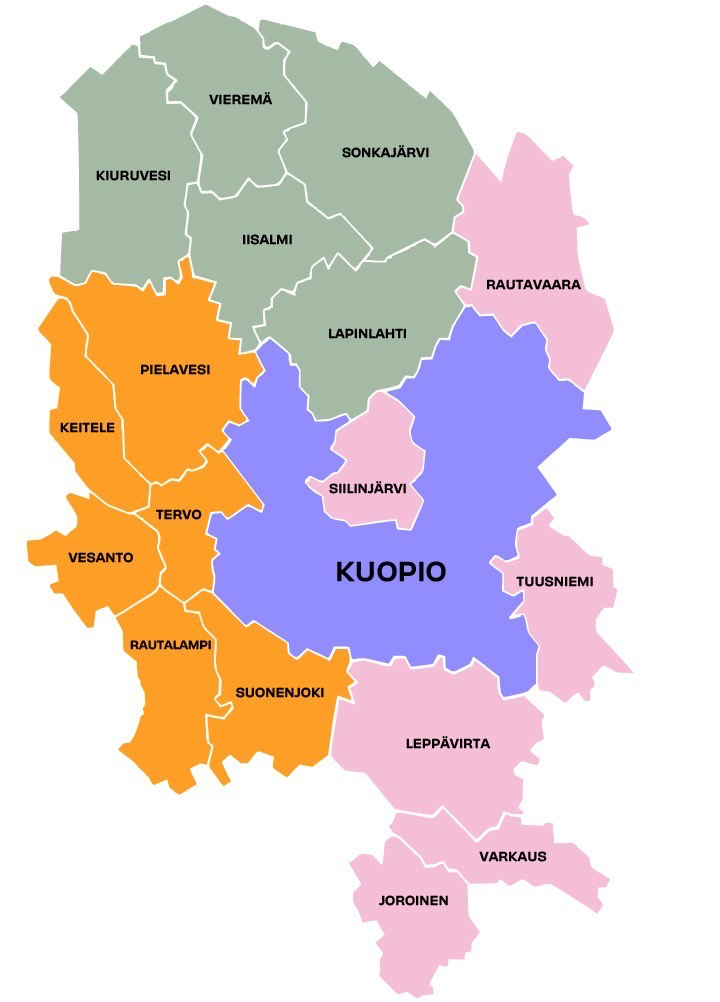The region of Pohjois-Savo, with the areas of Ylä-Savo, Kuopio, and Sawogrow highlighted in different colors.